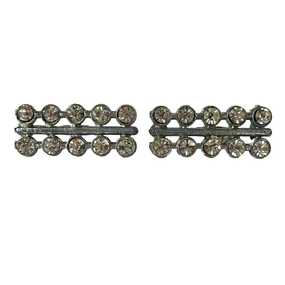 Vintage Small Brooch Bar Set Silver Tone Clear Rhinestones Double Row Costume